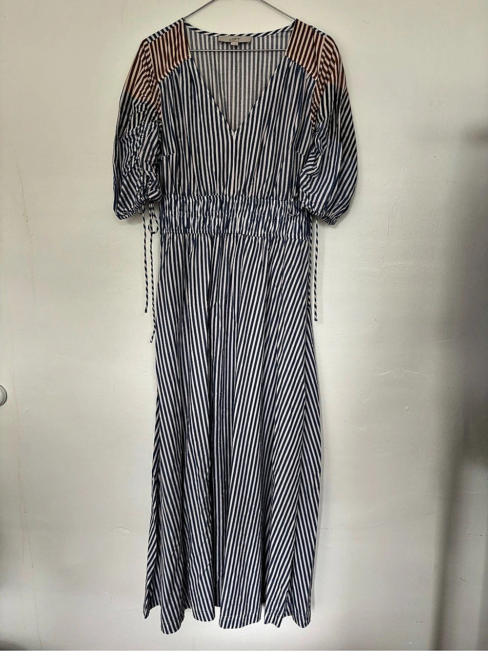 LOFT Striped Puff Sleeve Maxi Dress in Blue & White Size Medium